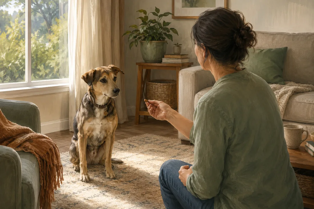A dog calmly turns away from a window toward an adult in a living room.