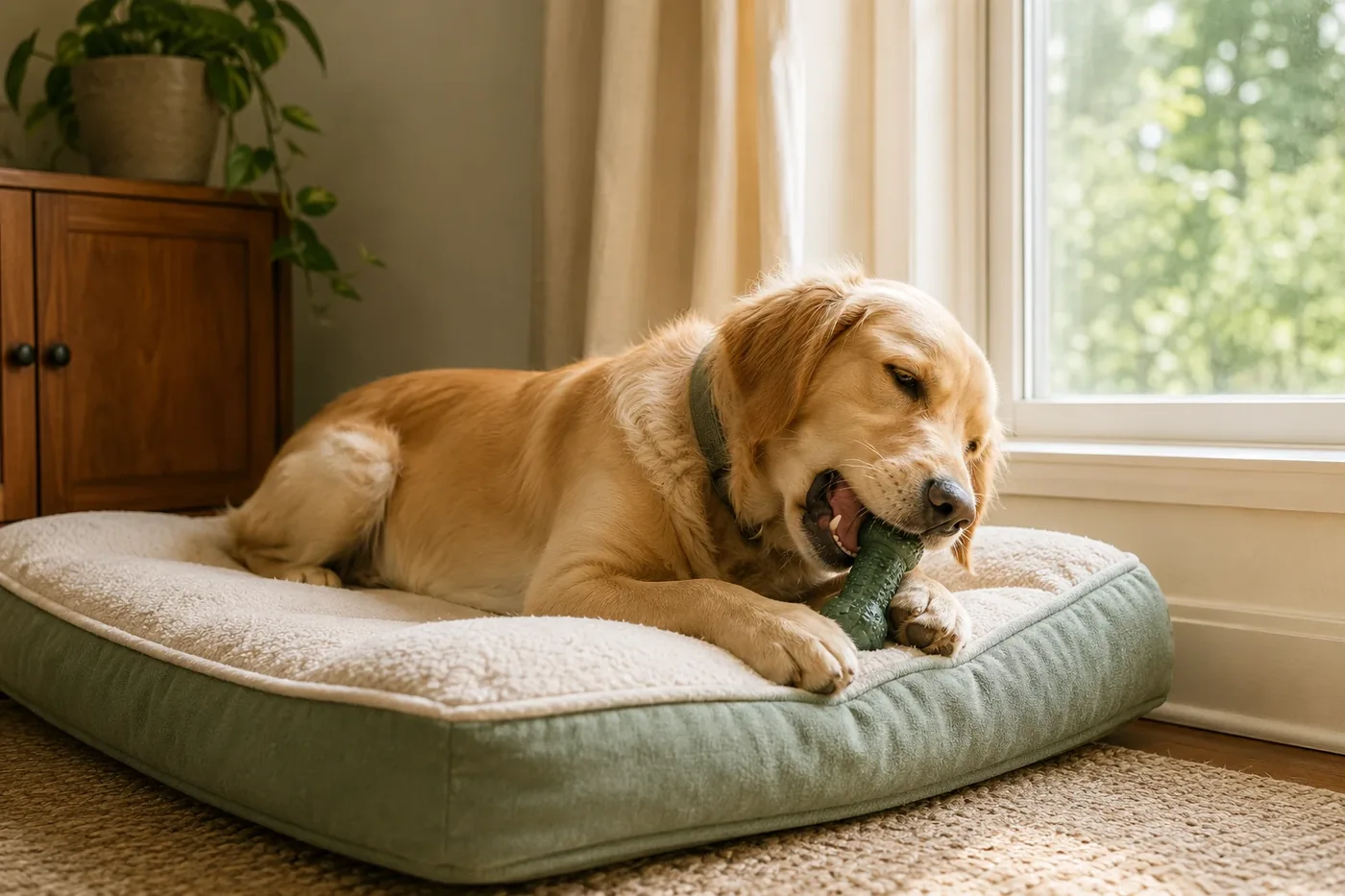 A relaxed dog lying on a living-room rug beside a food-dispensing toy, with soft morning light coming through the window of a quiet home.