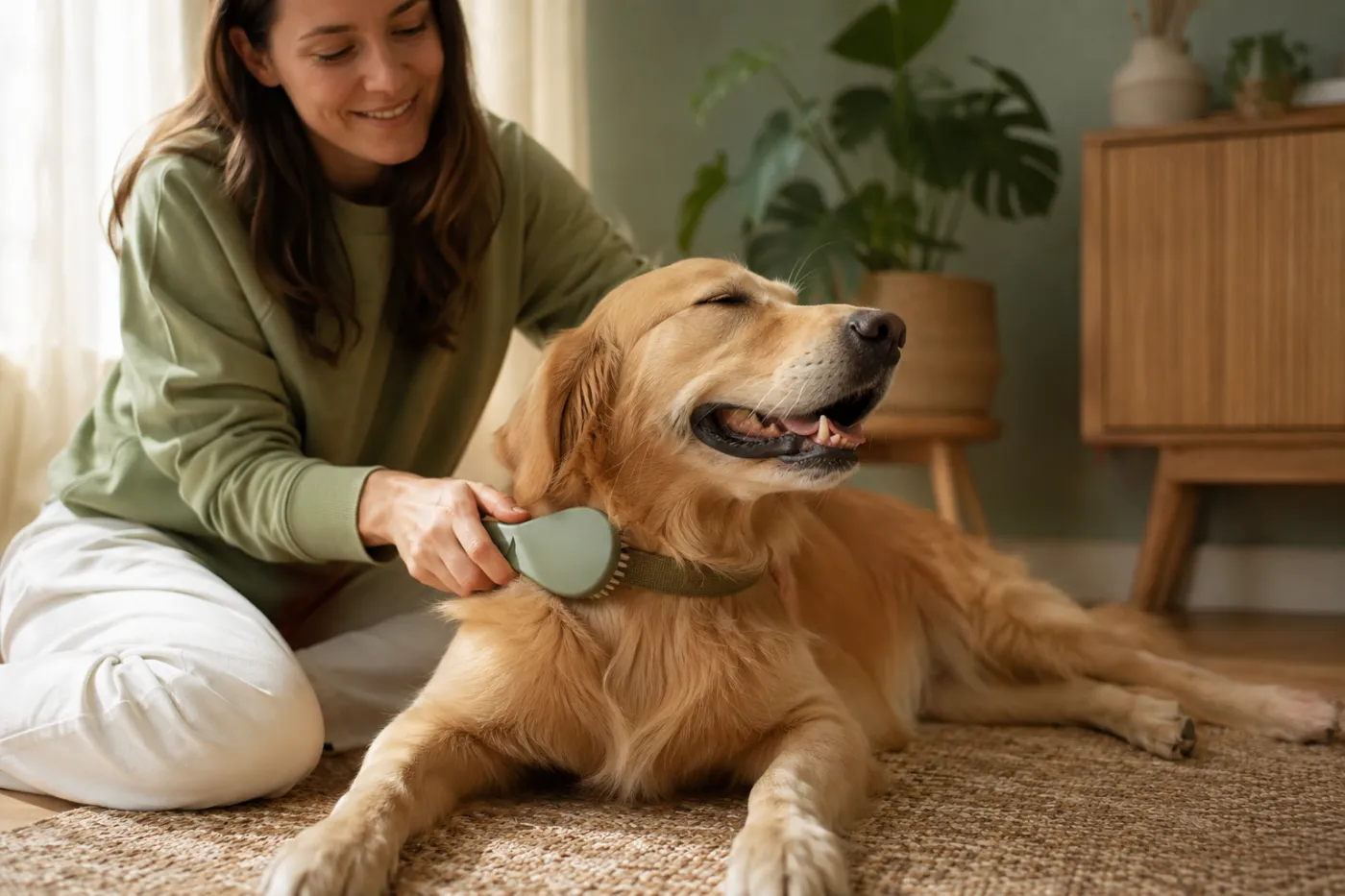 A dog being gently brushed by an owner on the floor of a sunlit room.