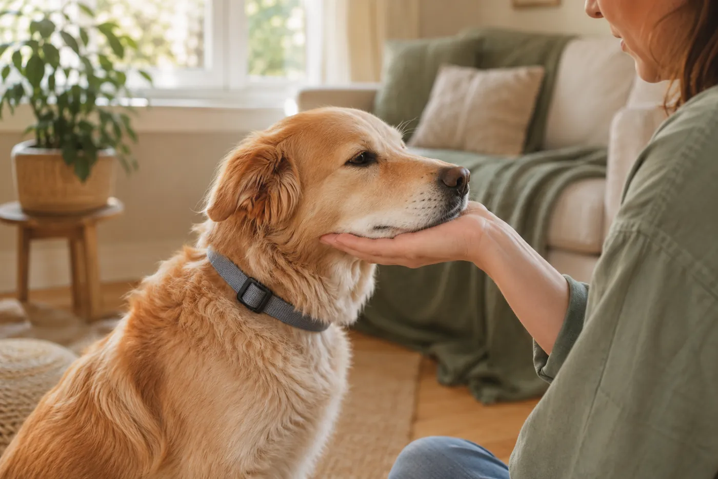 A relaxed dog resting its chin in a person's open hand during a calm handling session at home.