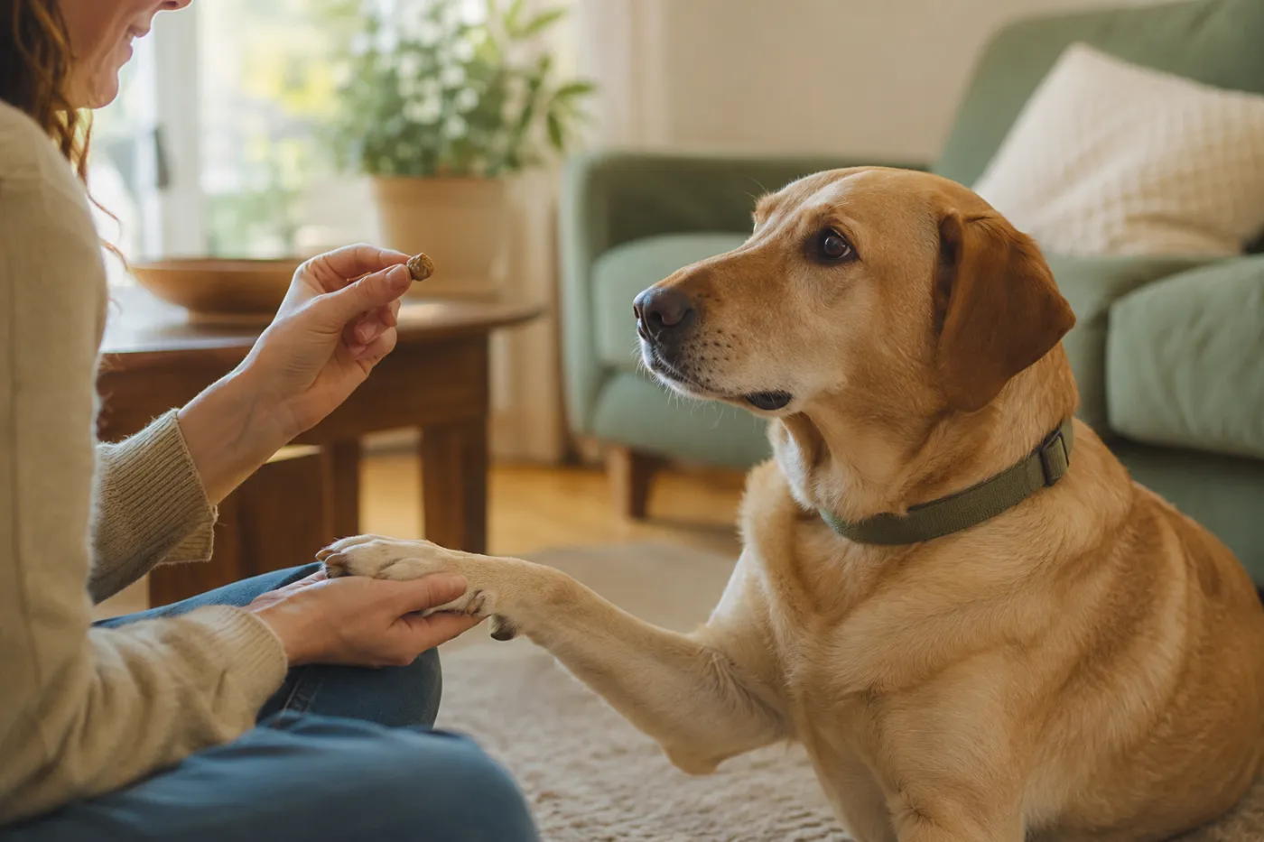 A person gently holding a calm dog's paw while offering a treat in a warm living room.