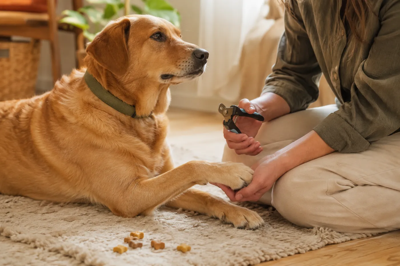 A dog lying calmly while a person handles its paw with nail clippers and treats nearby.
