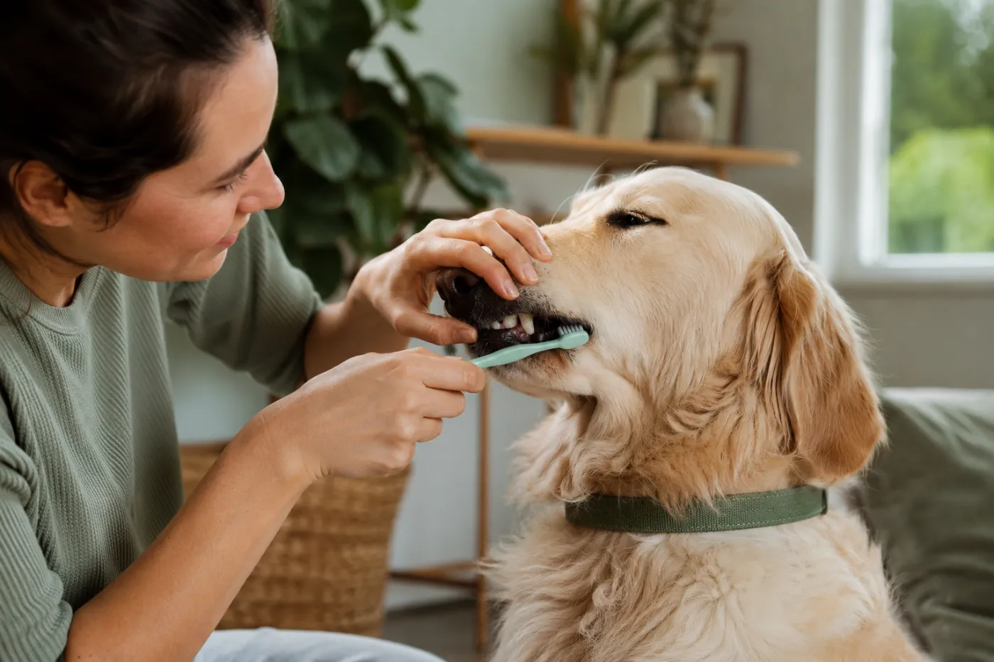 An owner brushing a calm dog's teeth with a soft toothbrush at home.