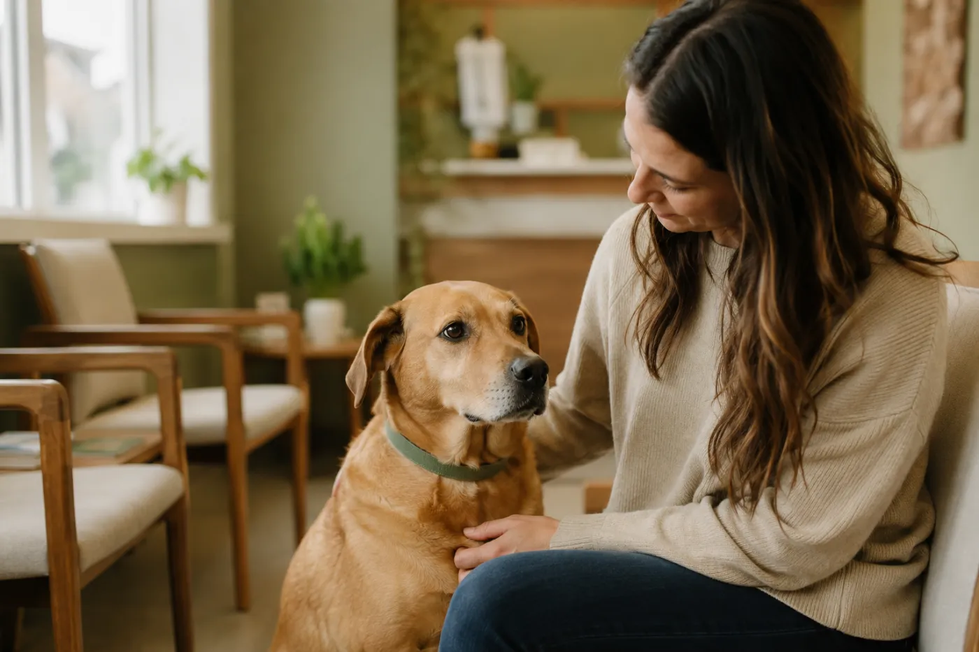 A calm dog sitting beside its owner in a veterinary waiting area.