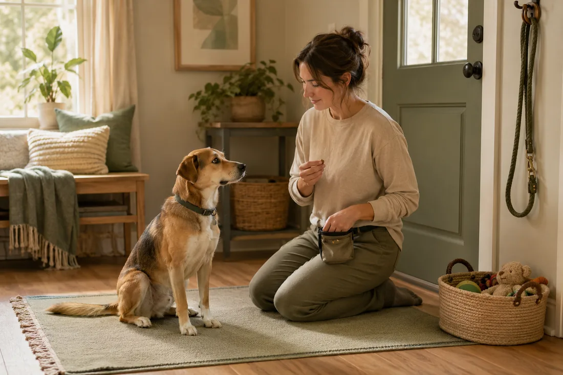 A calm home training setup with a dog, mat, toy basket, and leash by the door.