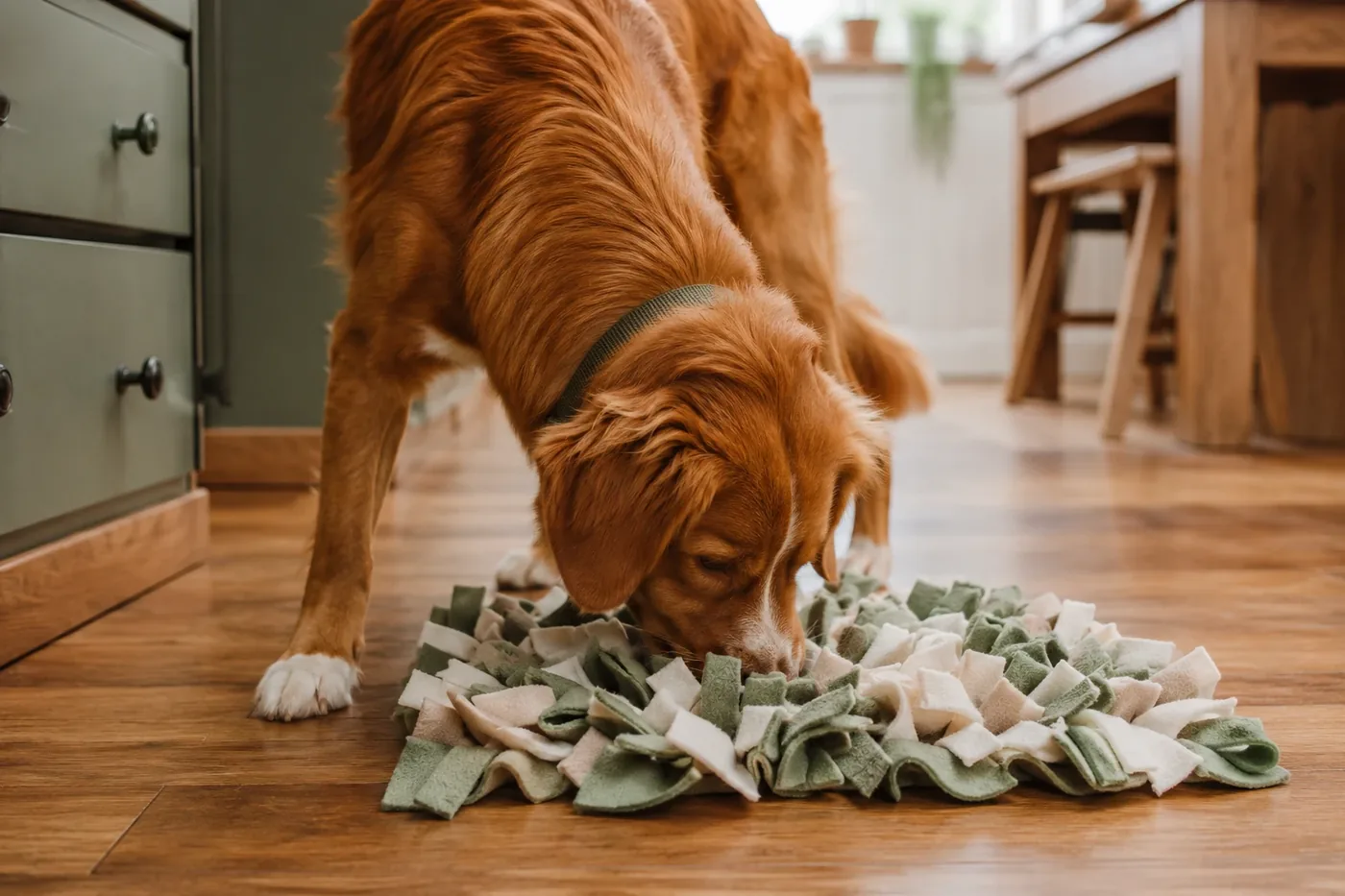 A dog nosing through the fleece strips of a homemade snuffle mat on a sunlit kitchen floor, searching for pieces of kibble.