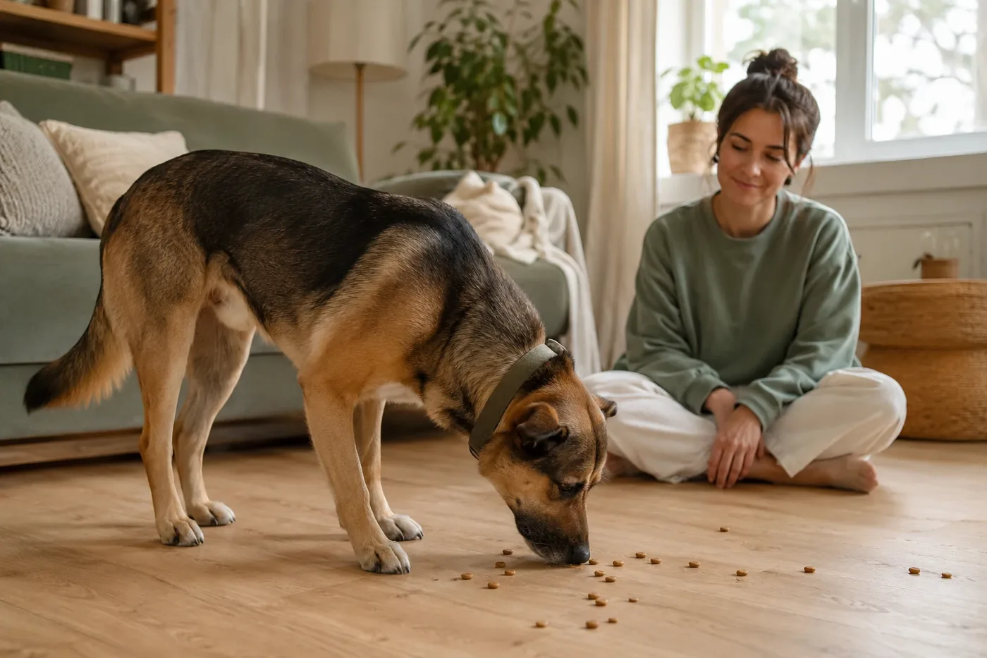 A dog nosing through a fabric snuffle mat on a living-room rug, hunting for scattered pieces of food in warm afternoon light.