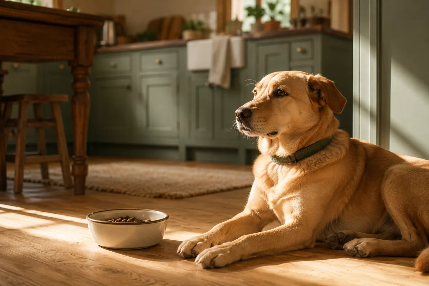 A calm, content dog resting on the floor of a warm, sunlit kitchen beside a simple food bowl.
