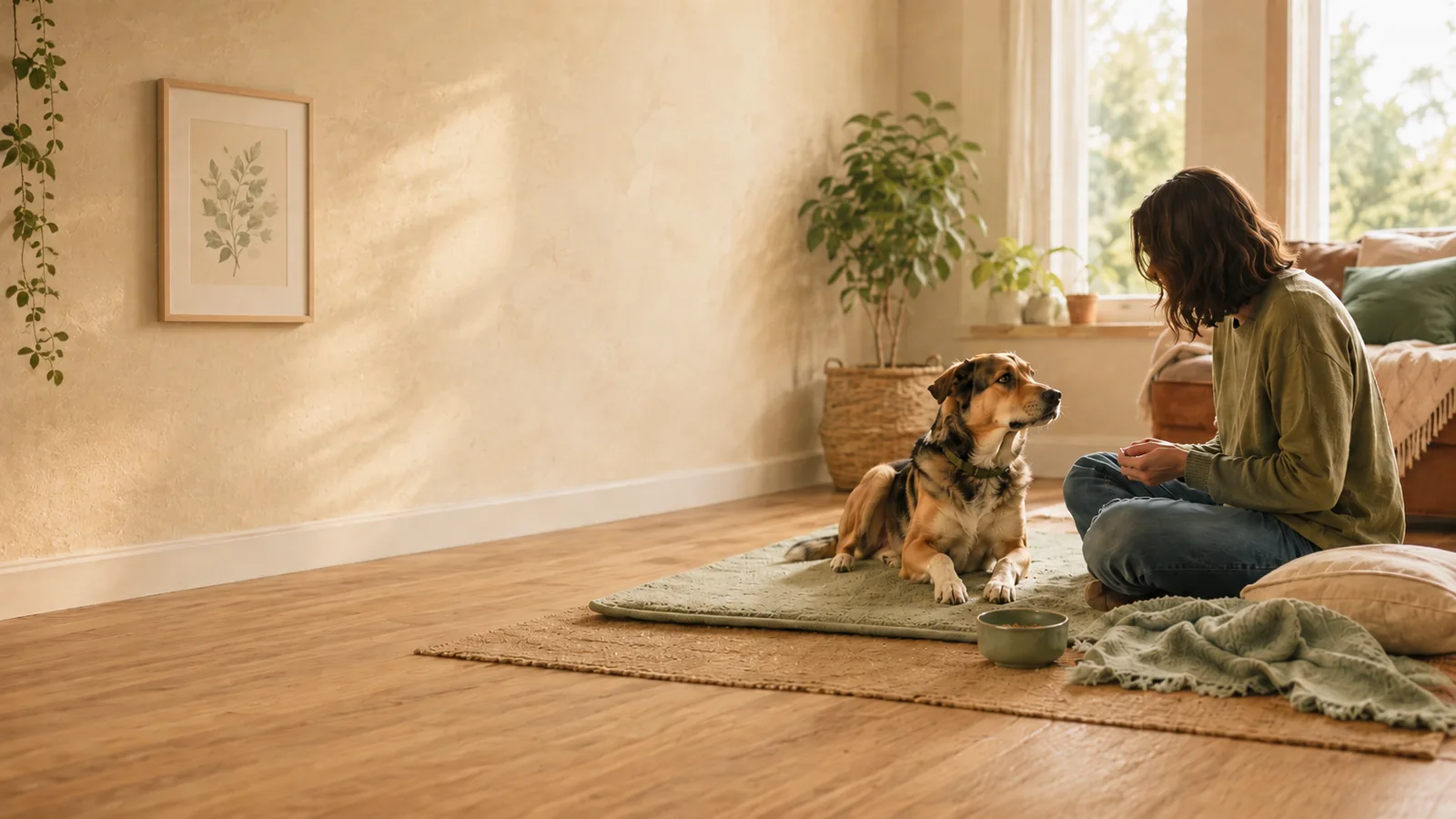 A calm dog beside an adult person on the floor in a warm home setting.