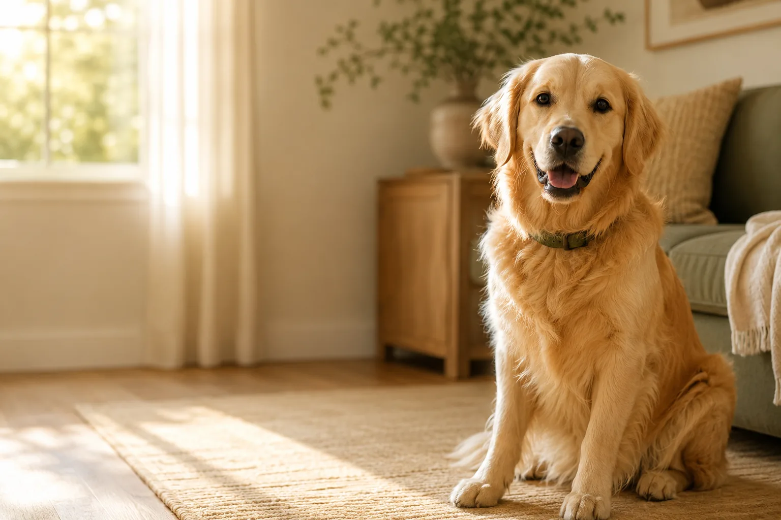 A big, calm golden retriever sitting in a warm, sunlit living room.
