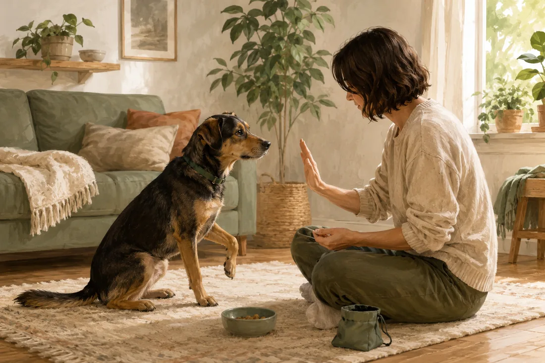 An adult uses a calm hand cue while a dog pays attention in a warm home setting.