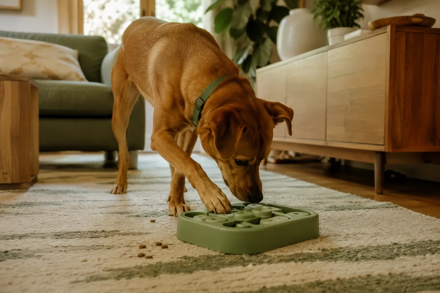 A dog happily nosing a food-dispensing ball on a living-room rug while its owner watches nearby.