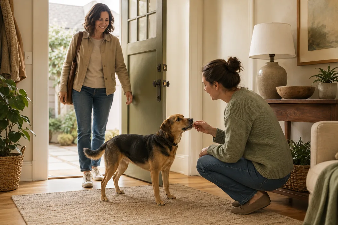 A dog stands calmly with four paws on the floor near an adult visitor.