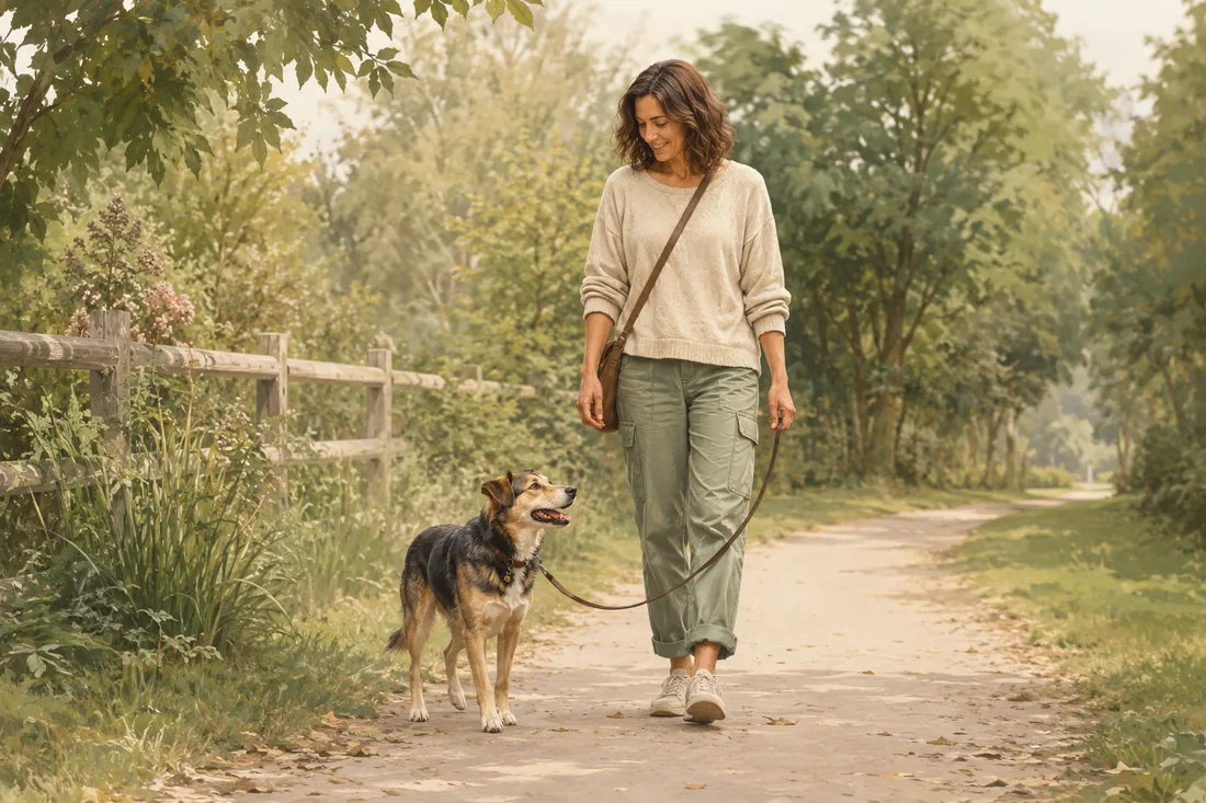 A dog and adult walk together on a relaxed leash along a quiet path.
