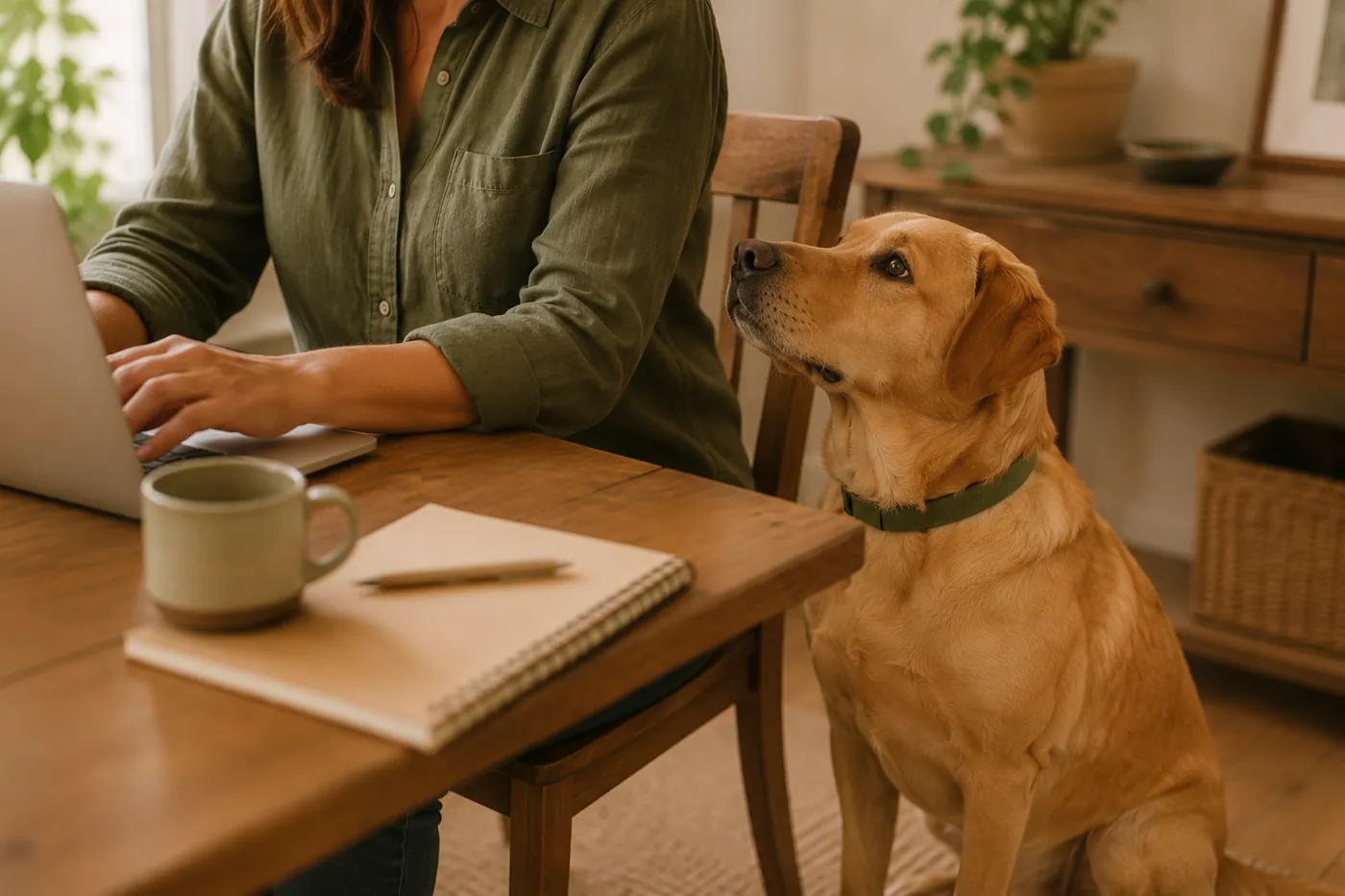A dog sitting beside a person working at a table, looking up for attention