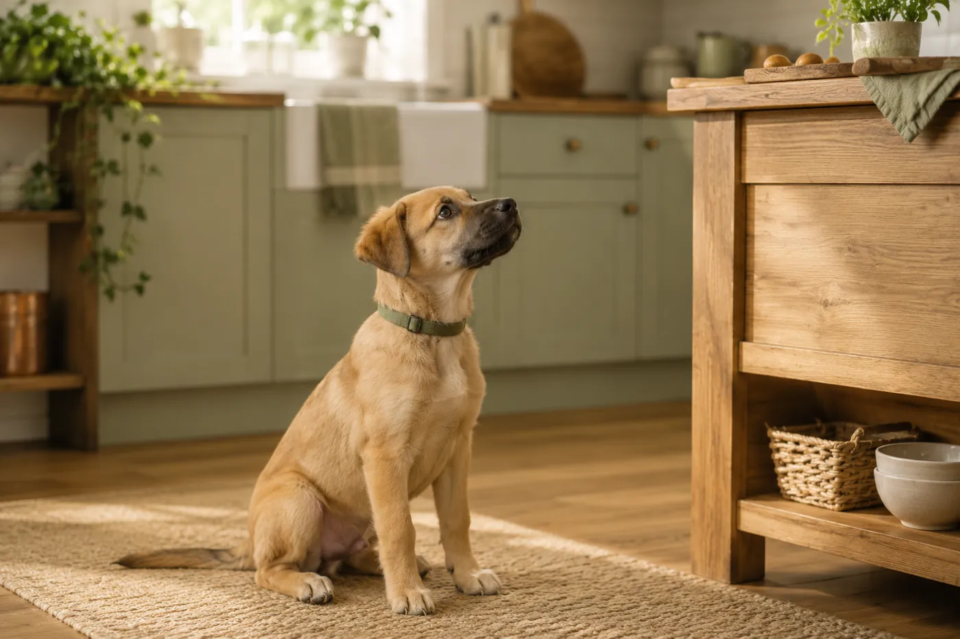A dog sitting politely on the kitchen floor, looking up toward the counter
