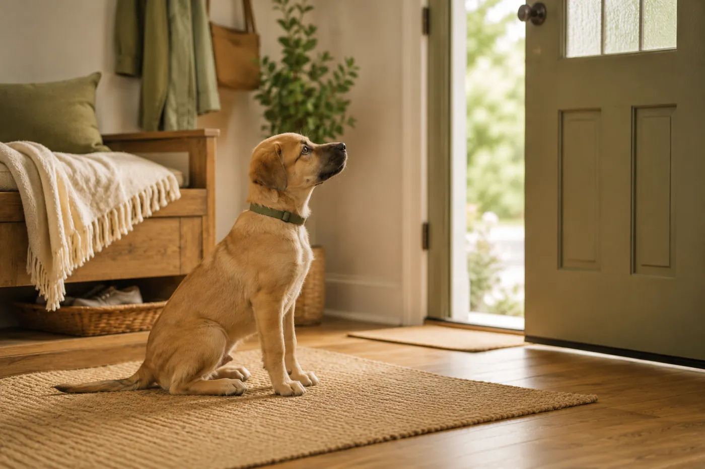 A dog sitting and waiting calmly a few steps back from an open front door