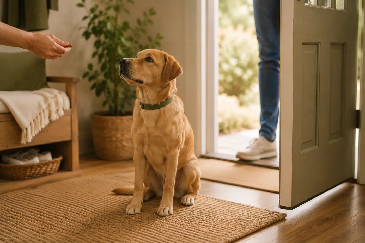 A dog sitting calmly on a mat by the front door as a visitor arrives