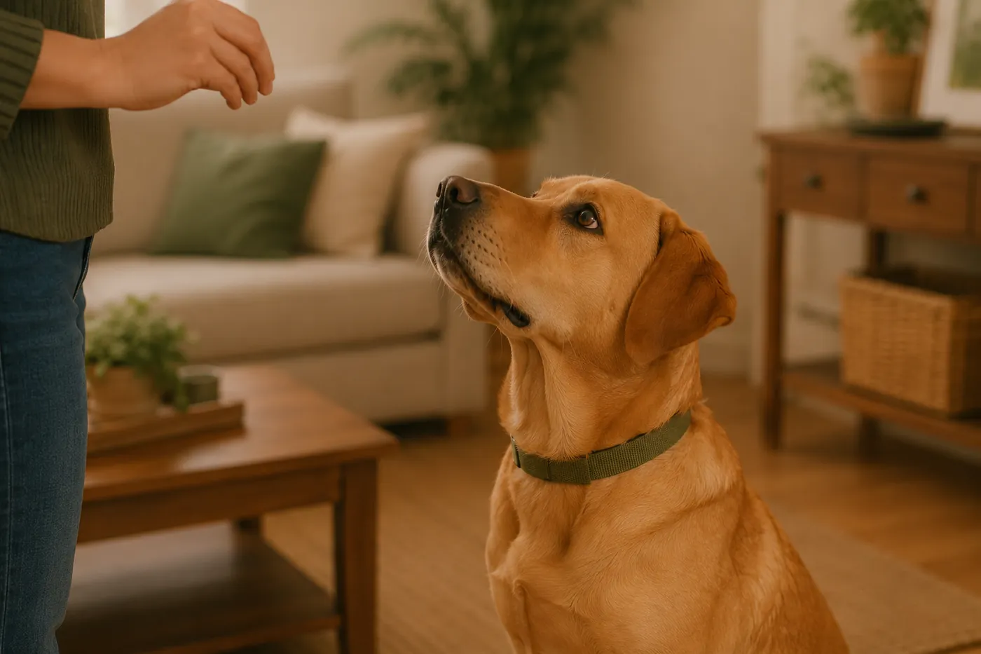 A dog making calm eye contact, focused up at a person