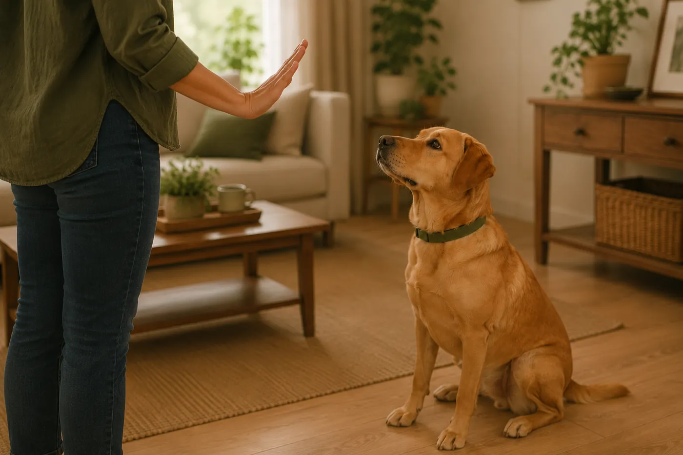 A dog holding a sit-stay while a person gives an open-palm wait cue