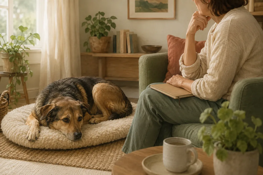 Calm dog resting at home while an owner pauses and considers whether a veterinary check may be needed.