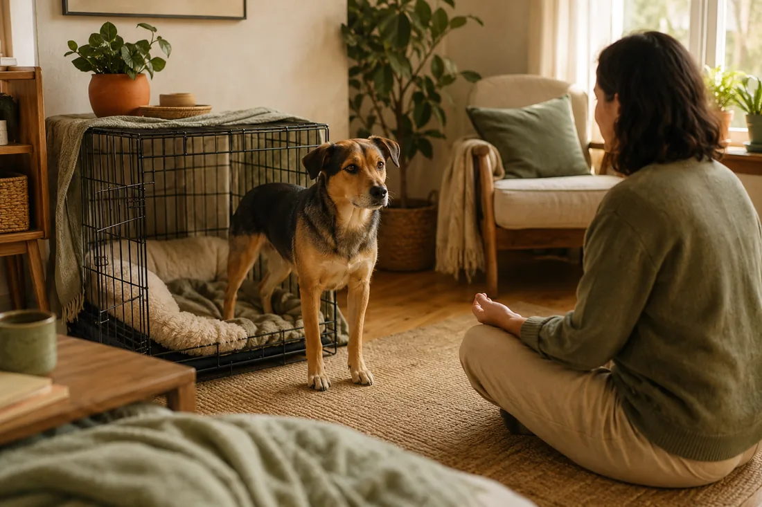 A dog calmly rests near an open crate with soft bedding in a home corner.
