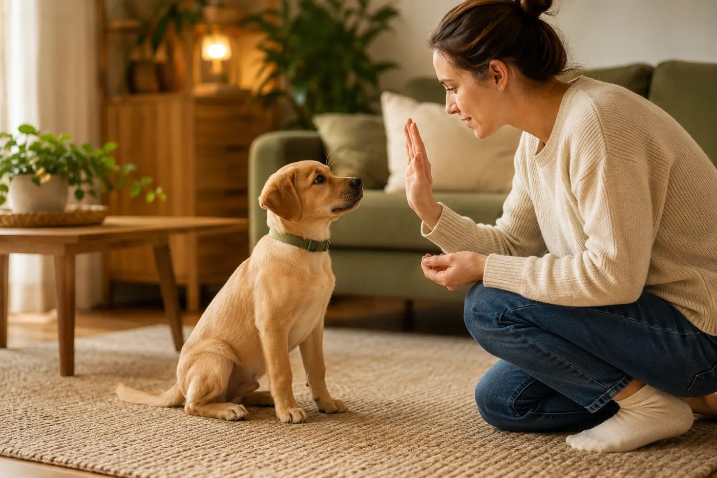 A puppy sitting attentively as an owner gives a hand signal.