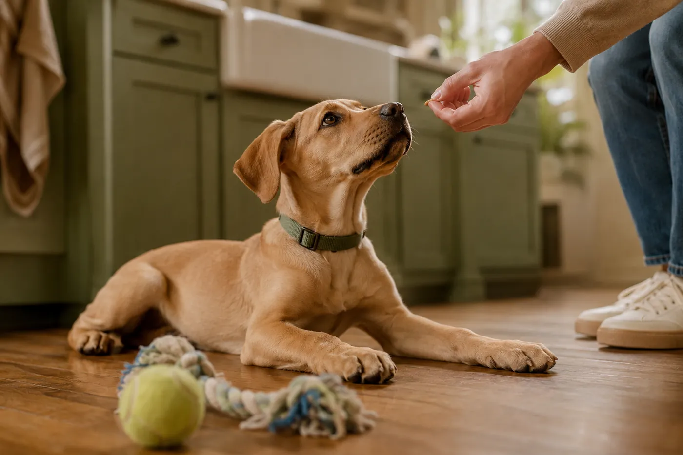 A puppy on a kitchen floor leaving a ball to look up at a treat.