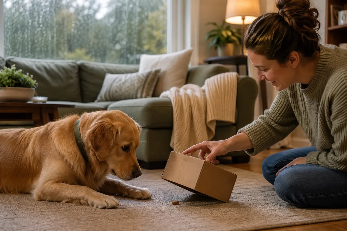A dog nosing at kibble tucked into a rolled towel on a living-room rug while rain streaks the window behind.