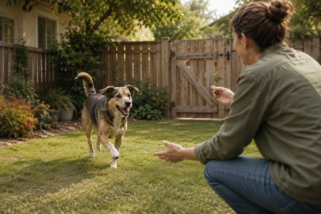 A dog trots toward an adult in a safe enclosed garden.