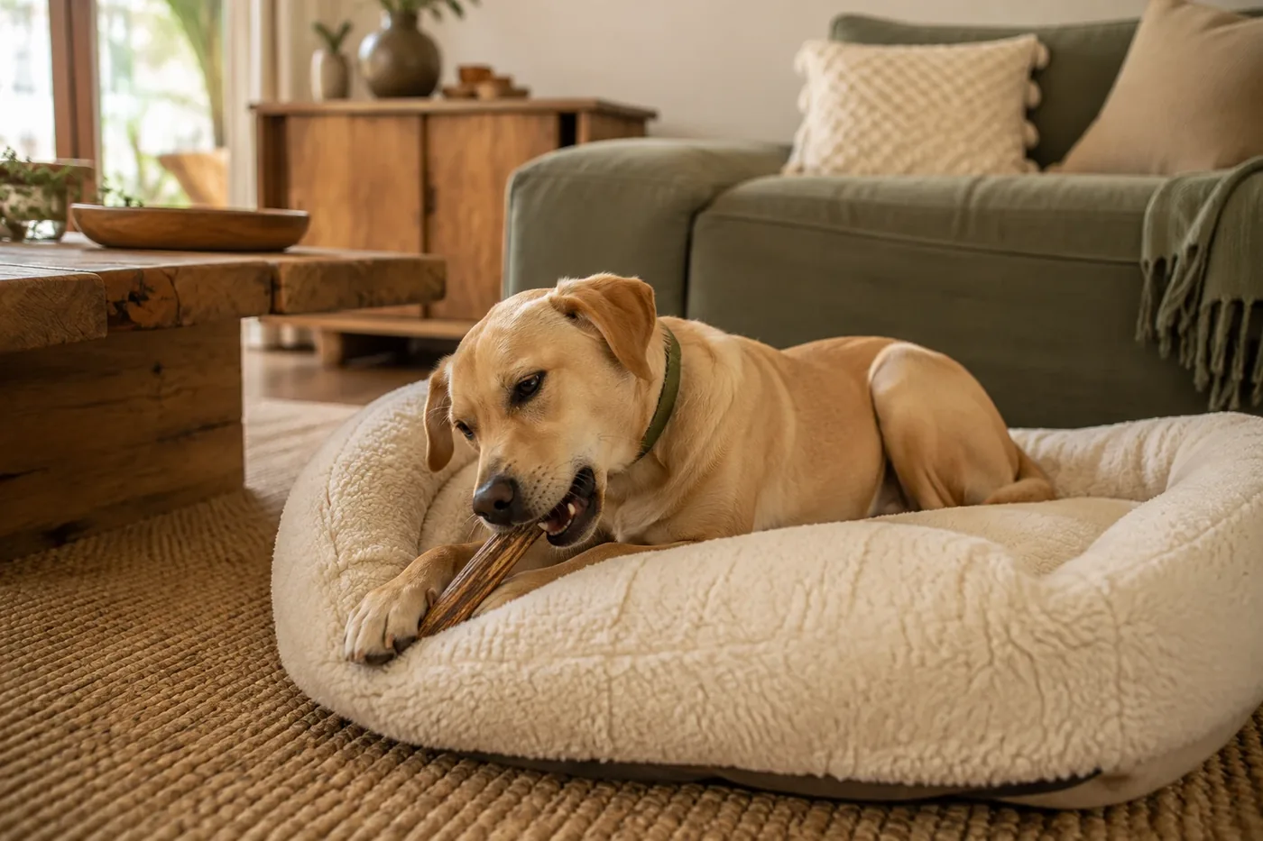 A dog lying on a bed calmly chewing a natural chew.