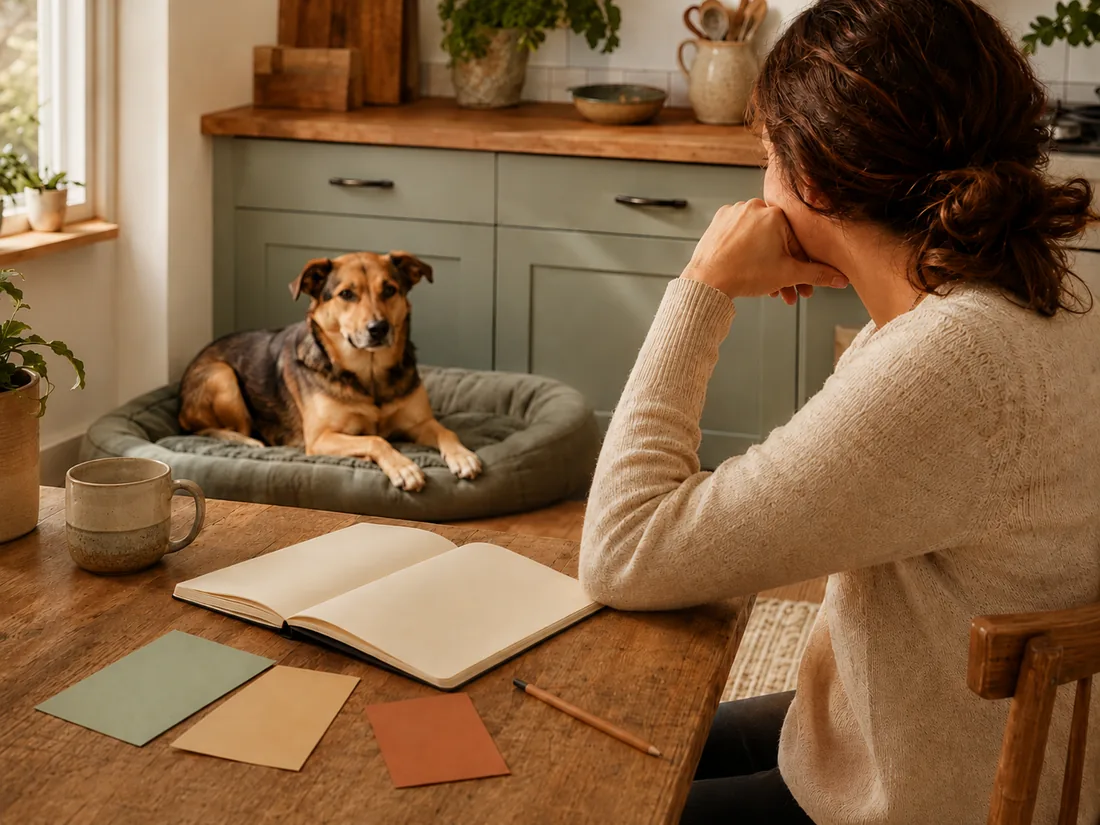 An adult considers dog-training notes at a table while a dog rests calmly nearby.