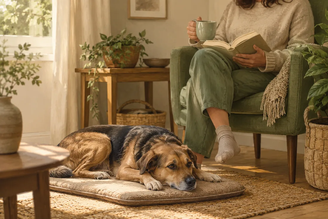 A relaxed dog rests on a mat while an adult sits nearby in a quiet home.