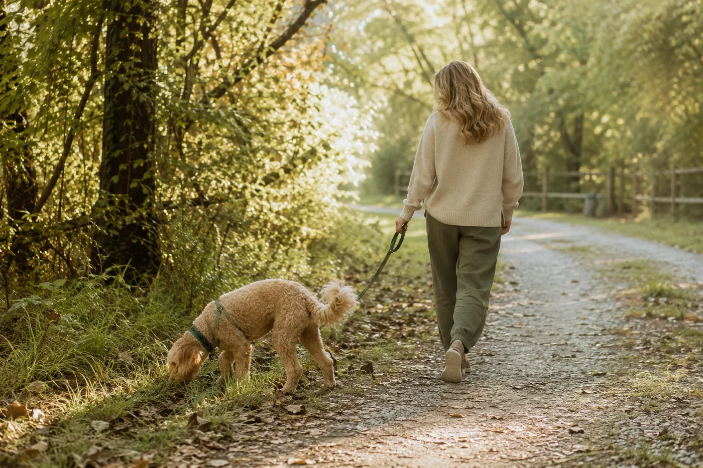 A relaxed dog on a long lead sniffing tall grass beside a quiet path in warm evening light while their owner waits patiently.