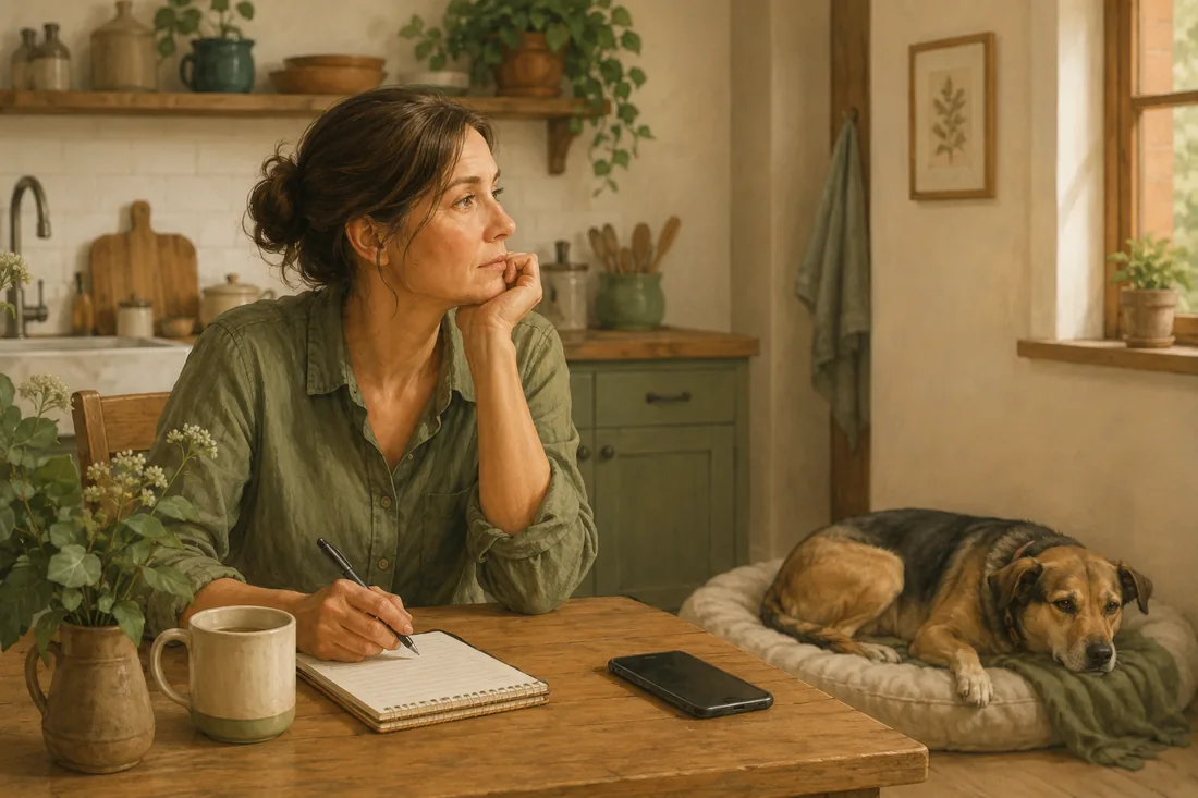 Owner sitting calmly with a phone nearby while a dog rests in the background, suggesting a pause before seeking help.