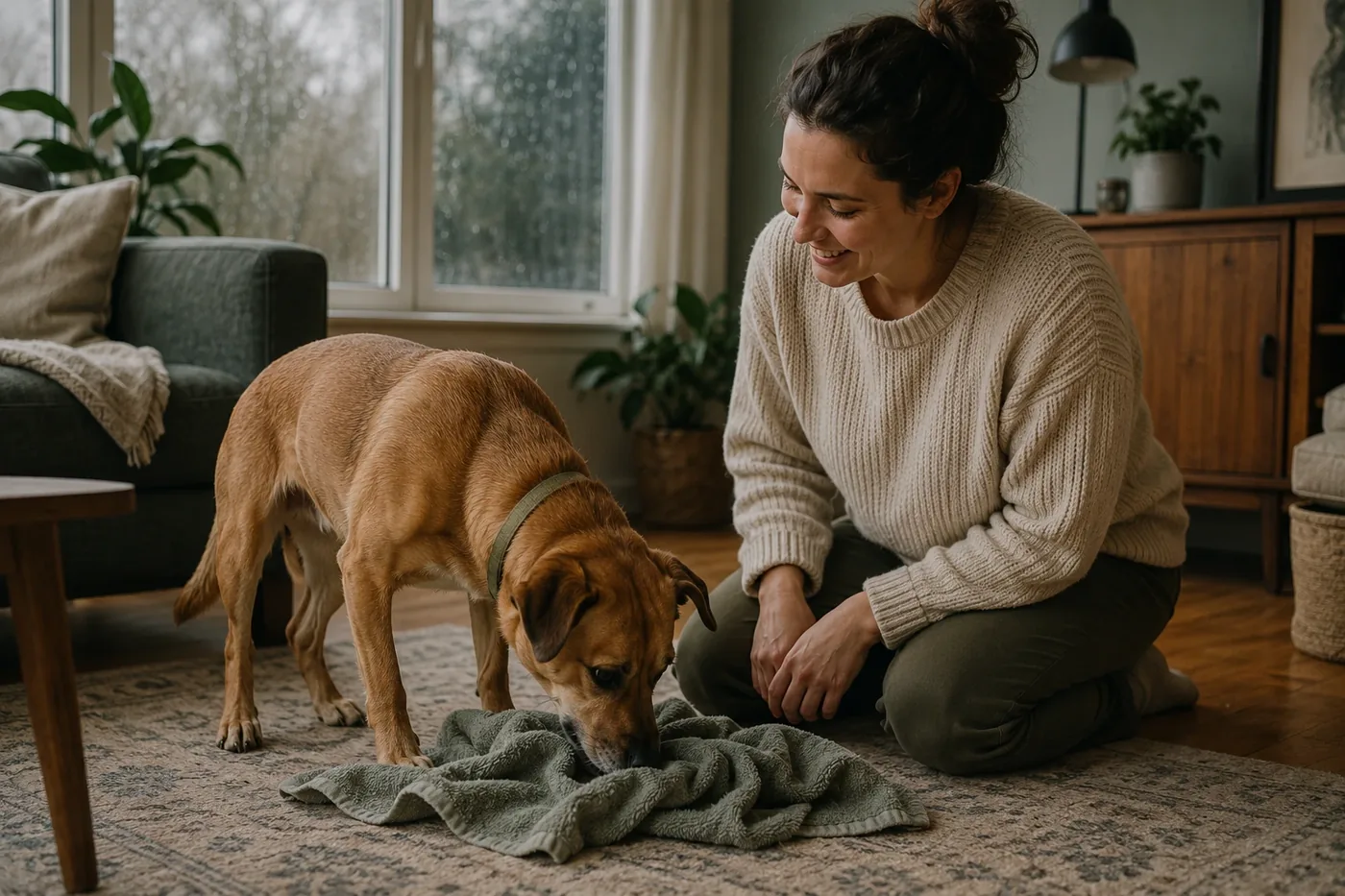A dog sniffing out kibble scattered across a snuffle mat on a living-room rug while rain streaks the window behind.