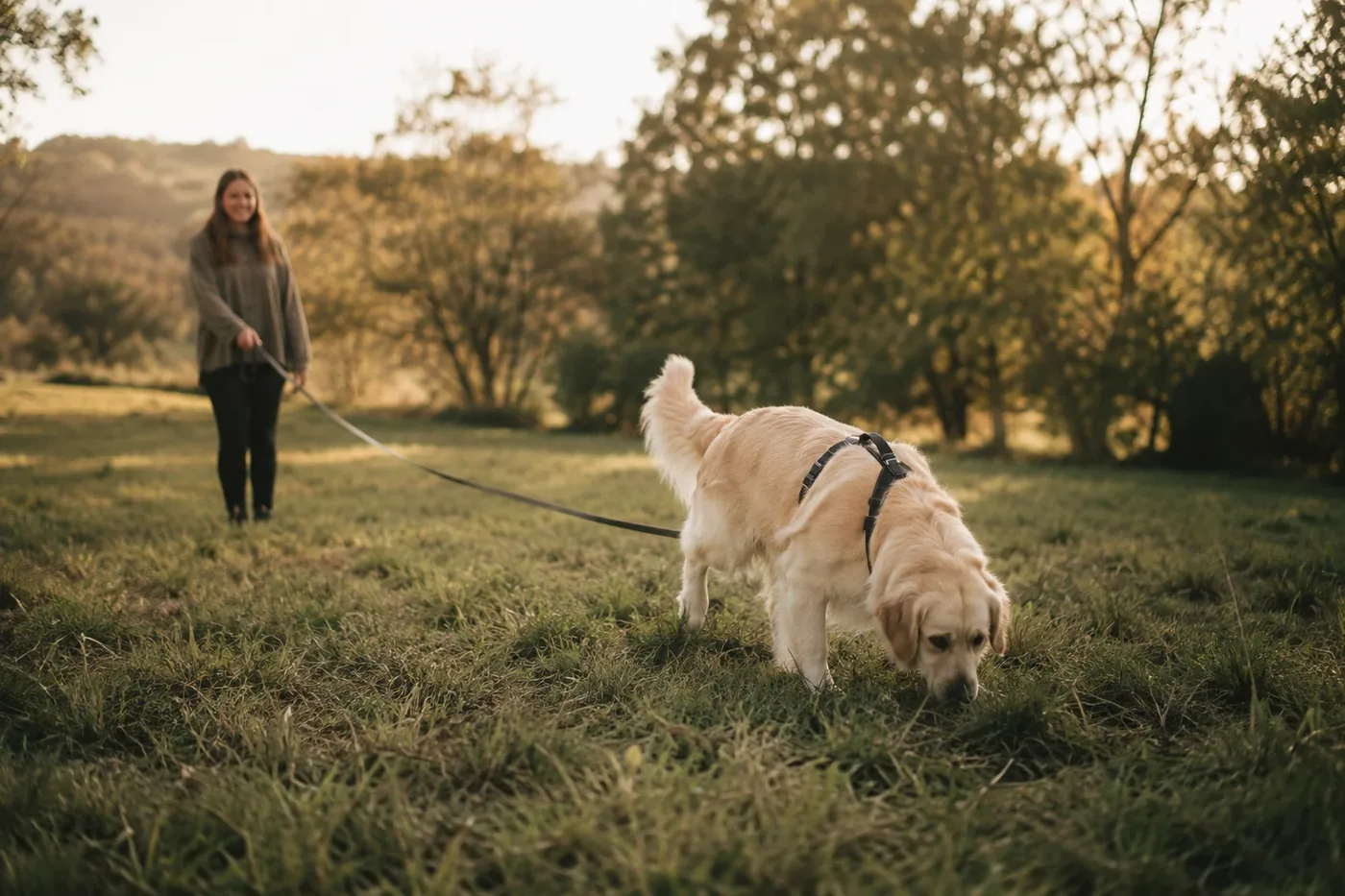 A dog sniffing grass on a long line attached to a harness in a field.